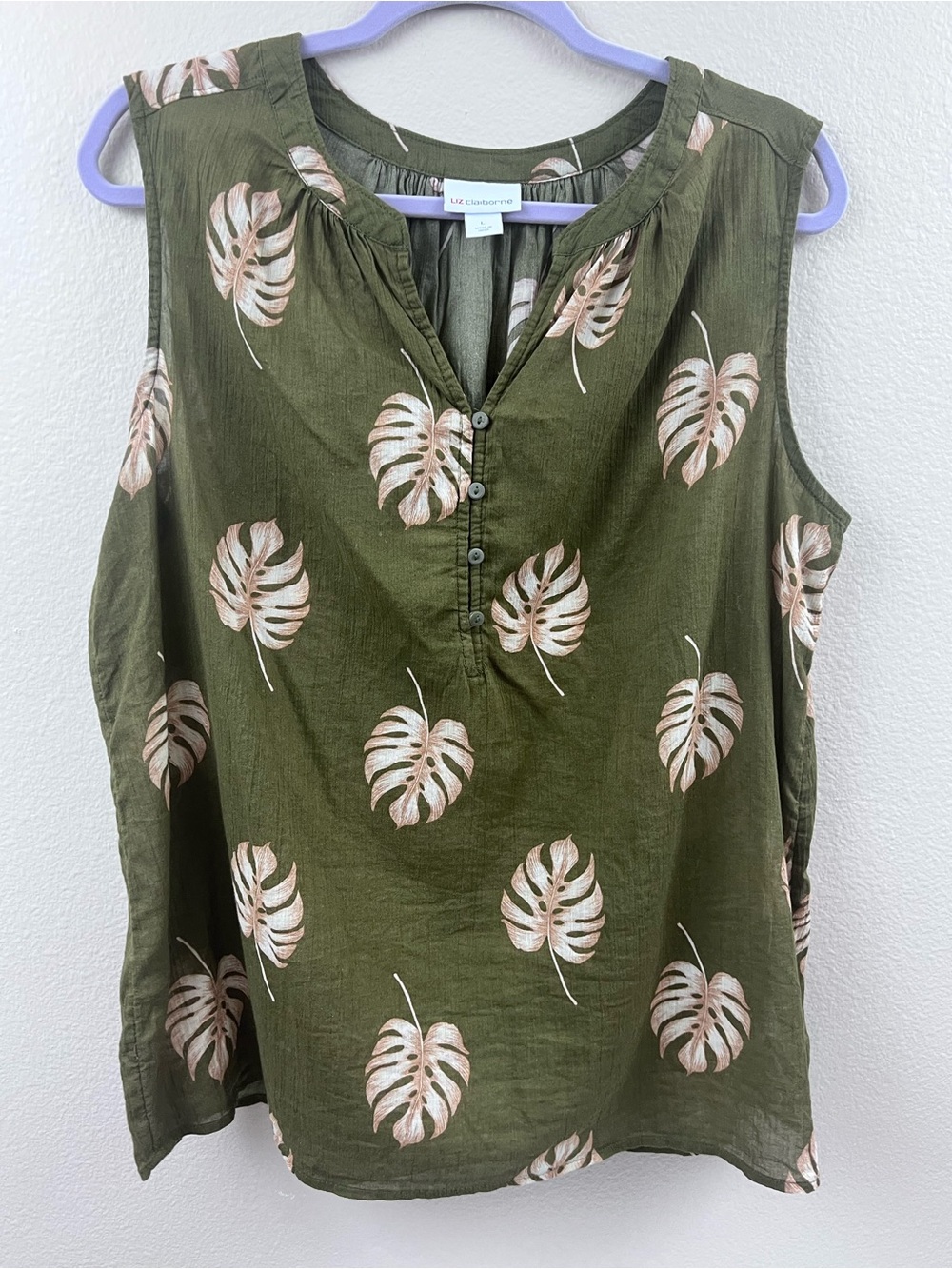 Liz Claiborne Top 100% Cotton Olive Green W/ Palm Leaves Top Women’s Size L